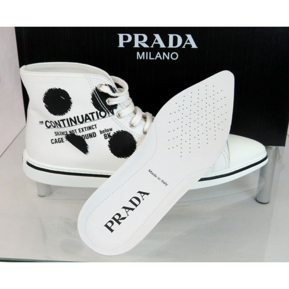 PRADA 1T618M WHITE BLACK POLKA CANVAS LOGO POINTY CAP HIGH TOP SNEAKERS 40 ITALY - Picture 10 of 15